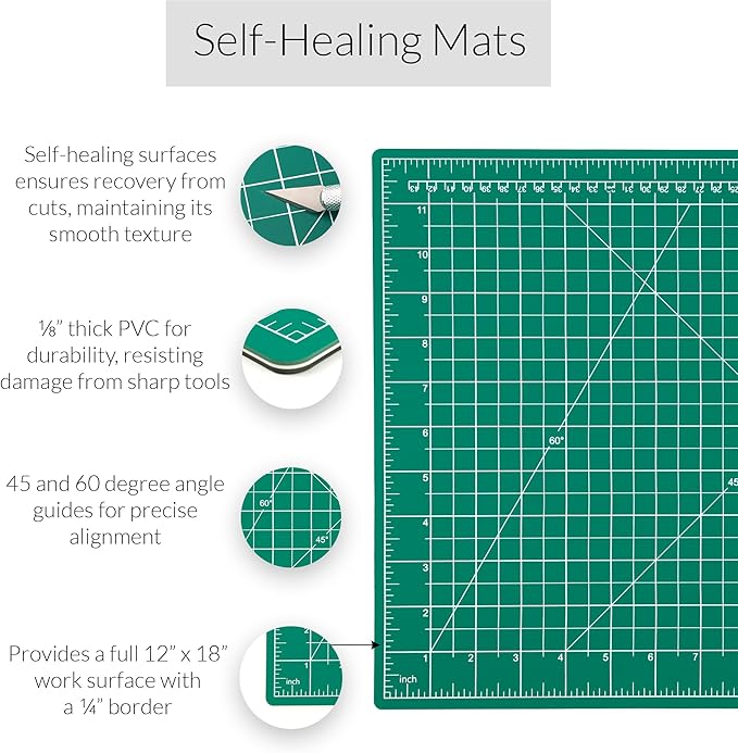 Breman Precision 12x18 Inch Self Healing Cutting Mat – 2-Sided 5-Ply PVC Green/Black Cutting Mats for Crafts, Sewing, Quilting & DIY Projects with Durable Non-Slip Surface & Precise Grid Lines