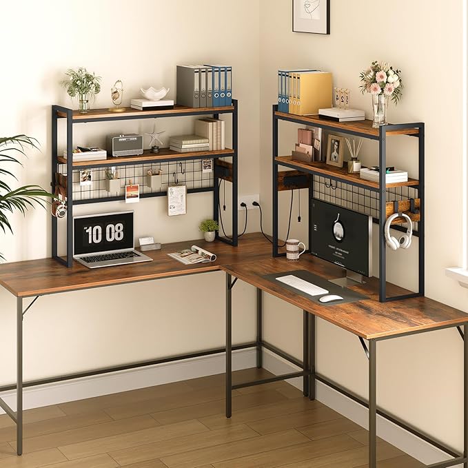 HOOBRO Desktop Bookcase, 2-Tier Desktop Organizer, 37.4" Wooden Office Storage Rack with Outlets, Display Shelf Rack with Light Strip, Desk Hutch for Office, Rustic Brown BF13UDSJ01