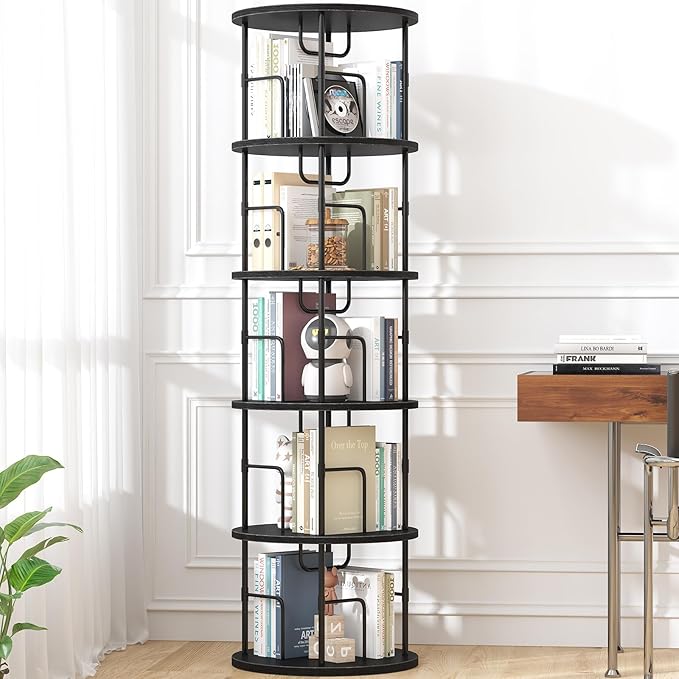 5Tier Rotating Bookshelf, Spinning Bookshelf Tower,360 ° Display Space Saving Standing Round Swivel Bookcase Corner Storage Organizer for Bedroom Living Room Office，Black