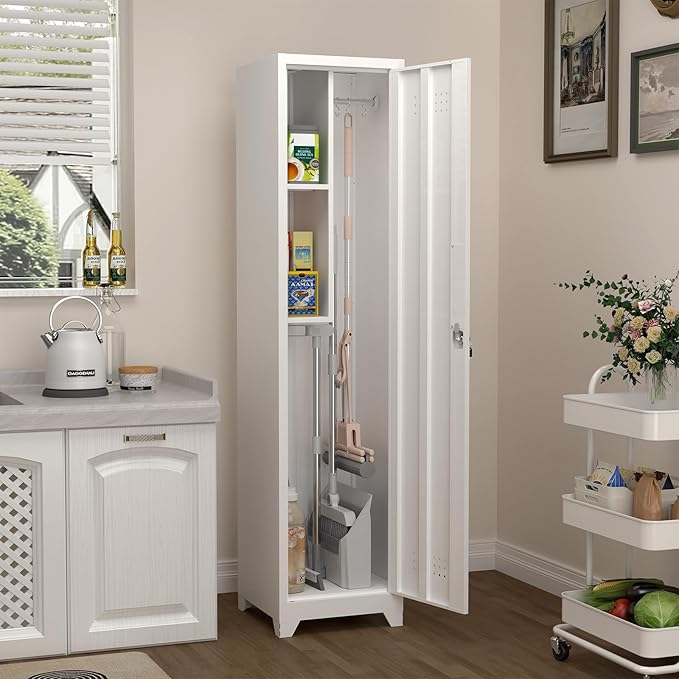 IRONFFICE Storage Cabinets with Lock,Slim Broom Closet Storage Cabinet with Doors and Shelves,Tall White Cabinet for Small Spaces,Laundry Room Cabinet for Home Office,Gym