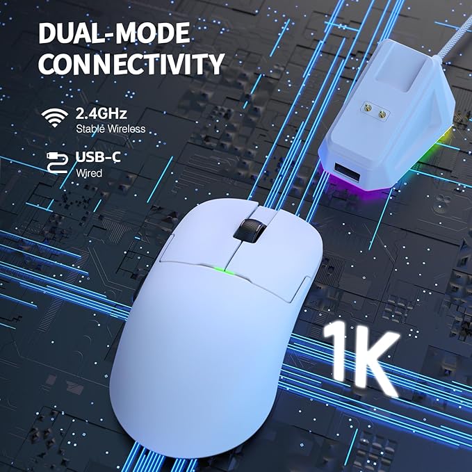 Ajazz AJ159 Dual Mode 2.4G/USB-C 56g Lightweight Gaming/Office Mouse with PAW3395 Sensor, 5 Programmable Buttons Up to 26KDPI with Magnetic Charging Dock for PC/Laptop/Win/Mac (White)