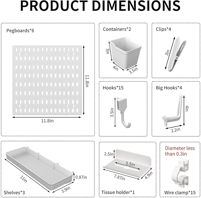 SHGJ&SOFT Peg Board Wall Organizer Panels, 50pcs - Includes 6 White Pegboards & Accessories, Plastic Pegboard for Home，Office, Craft Room, Gaming Setup, 24″×24″, Wall Mount Display Pegboard Panel Kits