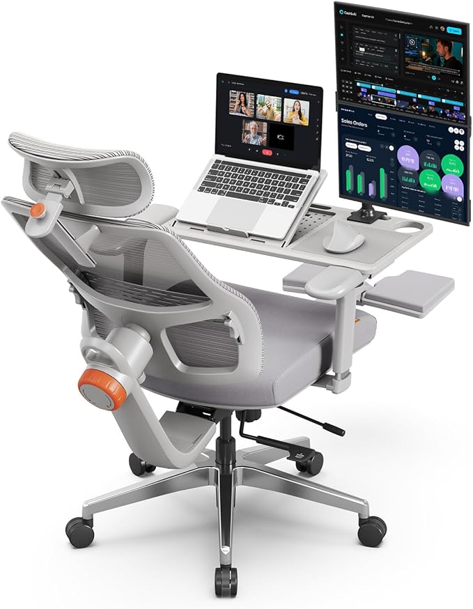 Newtral Ergonomic Office Chair, Auto-Following Lumbar Support Desk Chair with Footrest (Grey, 5D Headrest +Laptop Tray)