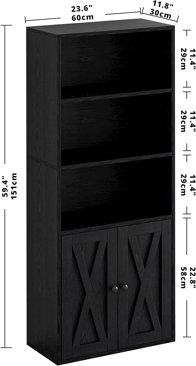 IRONCK Industrial Bookshelves and Bookcases with Doors 11.8 in Depth Floor Standing 5 Shelf Display Storage Shelves Tall Bookcase for Home, Office, Living Room