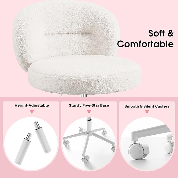 Homkdom Small Round Vanity Chair with Wheels, Armless Home Office Desk Chairs with Back, Height Adjustable & 360° Swivel, Cute Comfy Vanity Computer Chair for Bedroom, Home Office, White