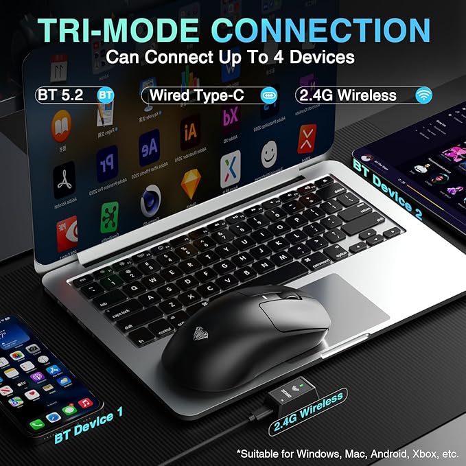 AULA SC680 Wireless Gaming Mouse, Tri-Mode 2.4Ghz/USB-C/BT5.2, Ultra-Lightweight Mouse, PAW3395 Sensor, 8K Polling Rate, 26000 DPI, 75Hrs Battery Life, Rechargeable Gaming Mice for PC/Laptop/Mac/PS5