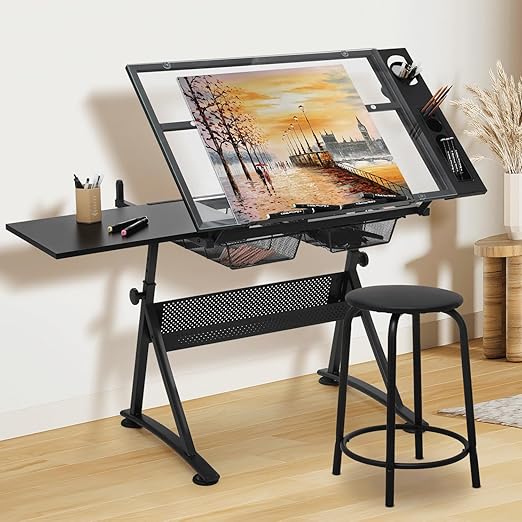 MoNiBloom Adjustable Height Drafting Table with Stool, Modern Style, Tough Glass Top, 28-36 in Length, 19 in Width, 30 in Height, Ideal for Artists, Designers, Office, Studio