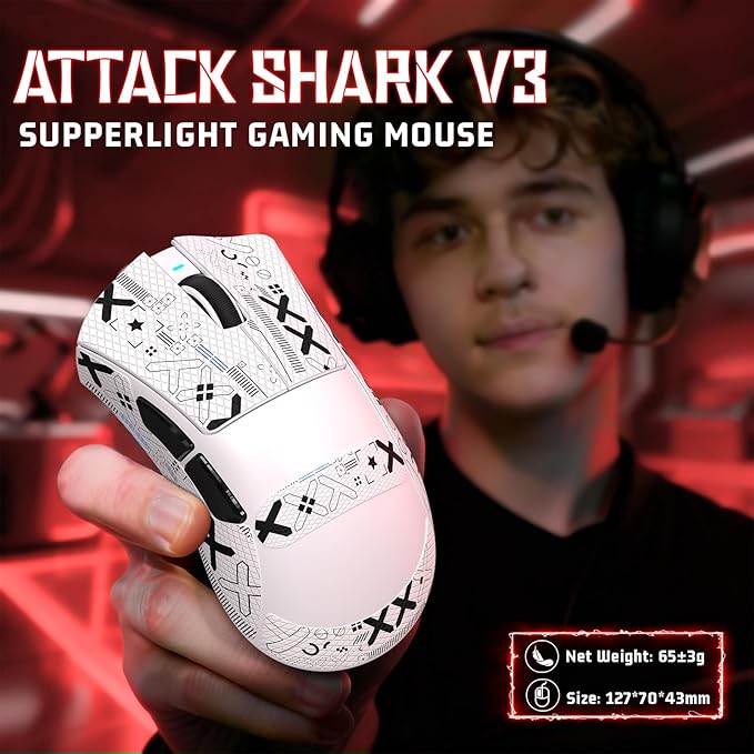 ATTACK SHARK V3 Ultra-Light Wireless Gaming Mouse,PAW3311 Sensor, 500mAh, 62g, 25KDPI 2.4G/BT/USB-C Rechargeable Wireless Mouse with 5 Programmable Buttons for Laptop,PC,Mac Gamer (White Griptape)