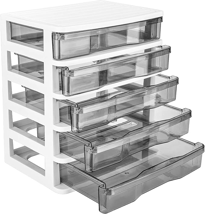 Charmewooden Plastic Drawers 5 Layer Desktop Storage, Small Organizer Box Storage Container Case, Desktop Organizer with Clear Drawers for Home, Office, Stationery, Jewelry and Cosmetics