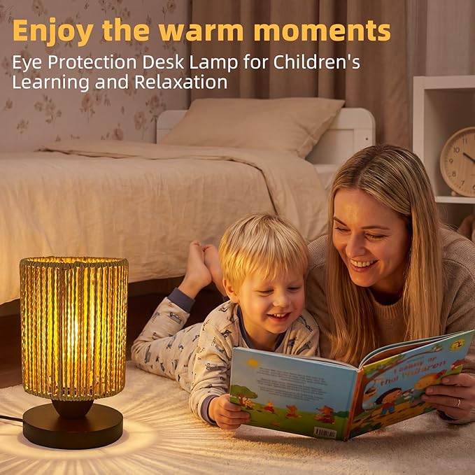 Rattan Table Lamp, Boho Bedroom Bedside Small Lamps with Warm White LED Bulb, Vintage Wooden Nightstand Nightlight, Rustic Handmade Woven End Desk Lamps for Bedroom Living Room Study Kids Room