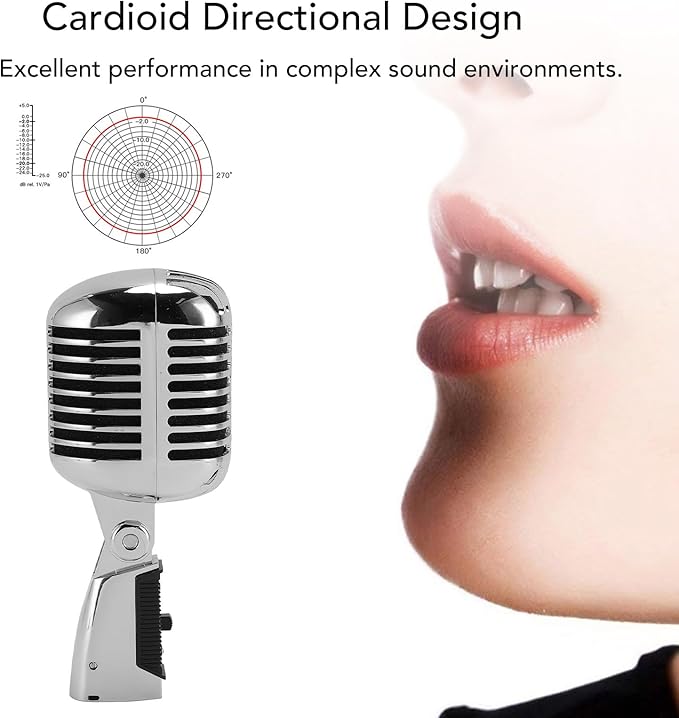 Classic Retro Microphone, Vintage Dynamic Microphone, Zinc Alloy Self Tensioning Rotating Rack, Unidirectional Cardioid Mic, Universal Stand Compatible (Silver)