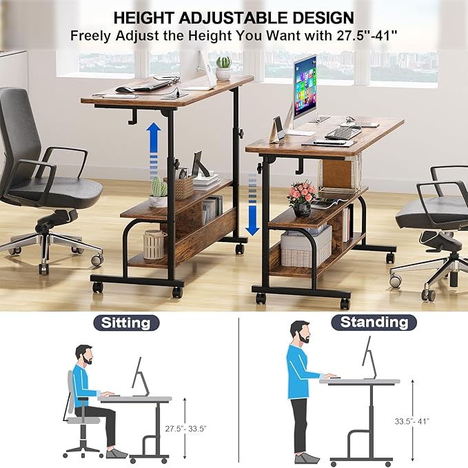 Armocity Rolling Standing Desk with Power Outlets, 47" Manual Height Adjustable Mobile Computer Desk with Wheels, Portable Sit Stand Laptop Couch Table for Bed & Sofa Home Office, Rustic Brown