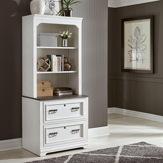 Liberty Furniture Allyson Park 2 Piece Set Lateral File Cabinet with Hutch Cottage Home Office Storage - Wirebrushed White w/Charcoal Tops Oak Wood
