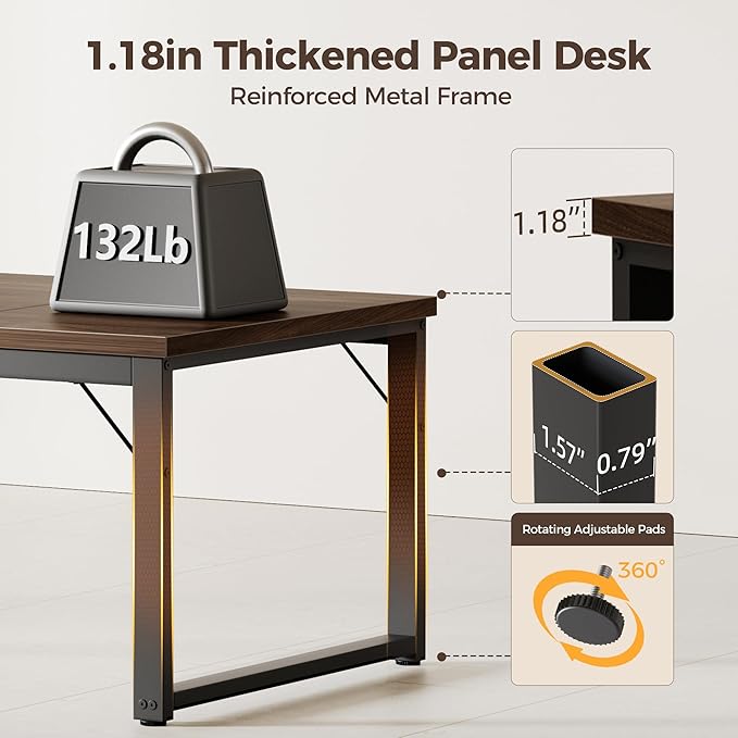 Mericonia 63 Inch Large Computer Desk with Power Outlets, 1.2" Thick Heavy Duty Industrial Office Desk, Modern Simple Study Writing Table for Home Office Bedroom Workstation, Walnut