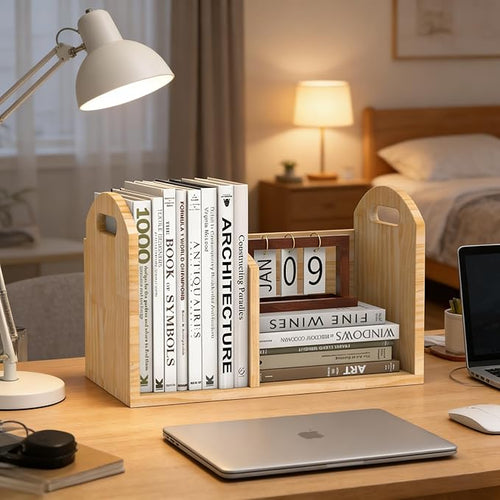 100% Solid Wood Adjustable Desktop Bookshelf, Retro Tabletop Book Shelf File Holder, Vertical Bookshelf Divider Desk Shelf for Home School Office Organization, Perfect for Books, Cookbooks, Magazine