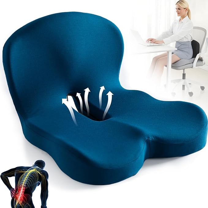 Ergonomic Memory Foam Seat and Back Cushion Set with L Shaped Lumbar Support Non Slip Breathable and Machine Washable for Car Office Chair Wheelchair or Home Use (Blue)