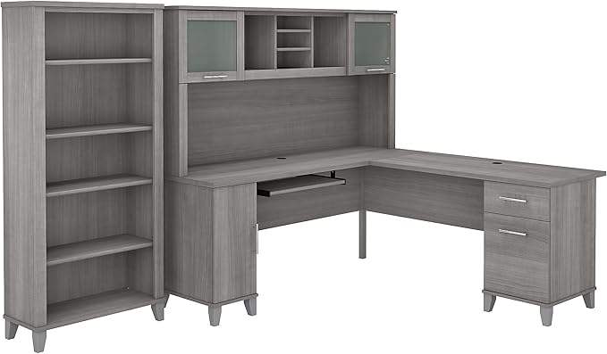 Bush Home Somerset 72W L Shaped Desk with Hutch and 5 Shelf Bookcase in Platinum Gray