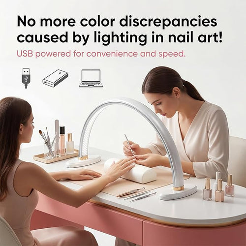 16" Half-Moon Nail Desk Lamp with Foldable Bracket, Stepless Dimming 3000–6500K Shadow-Free LED Task Light for Manicure Table/Salon, Makeup, Lashes & Crafts, Eye-Caring, DC-Powered – White