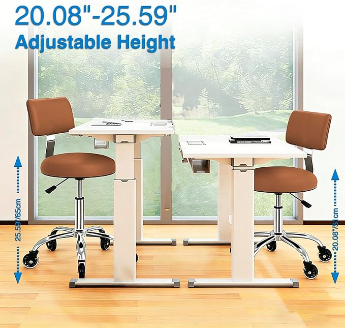 Rolling Stool Chair with Wheels, Office Drafting Chair with Back Support, Height Adjustable Standing Desk Stool with PU Leather Cushion for Home Office Kitchen Vanity Spa Garage Tattoo Dentist(Camel)
