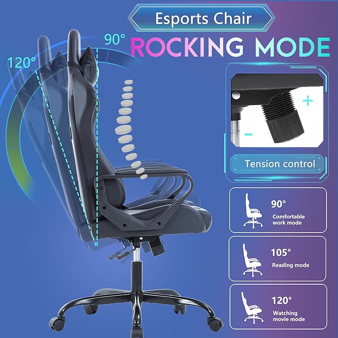 PayLessHere Ergonomic Racing Desk Chair Gaming Chair Computer Chair with Armrests 360° Swivel & Caster Pu Desk Task Chair Executive Headrest Lumbar Support for Back Pain Women Men and Adults (Black)