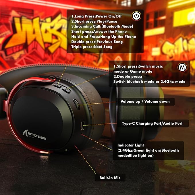 ATTACK SHARK L30PRO Wireless Gaming Headset,7.1 Surround Sound, 50mm Drivers,20ms Low Latency,Detachable Noise-Canceling Mic, Aluminum Alloy Frame,Tri-Mode Connectivity Over-Ear Headset-Black Red