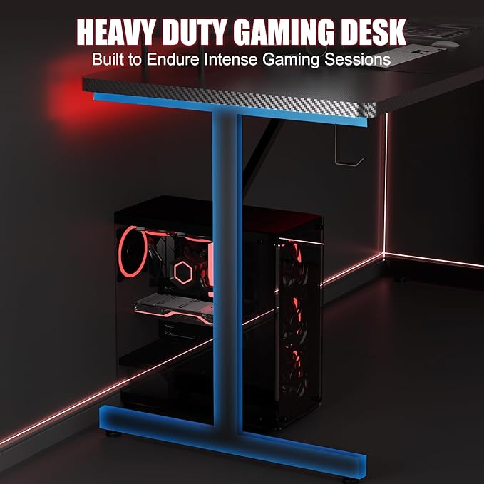 GTPLAYER Gaming Desk 55 Inch with LED Lights, Large Computer Desk with Mouse Pad for Home Office, T-Shaped Carbon Fibre Surface PC Game Workstations with Headphone Hook