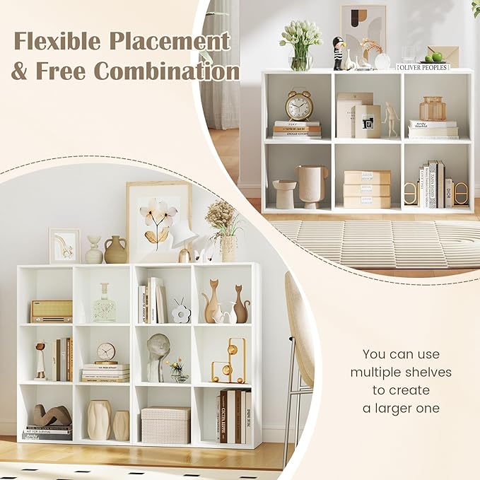 Tangkula 6-Cube Bookcase, Large Floor Standing Horizontal Bookshelf with 6 Open Shelves & 2 Anti-Tipping Kits, Home Office Wooden Storage Book Shelf for Living Room, Study (White, 6-Cube)