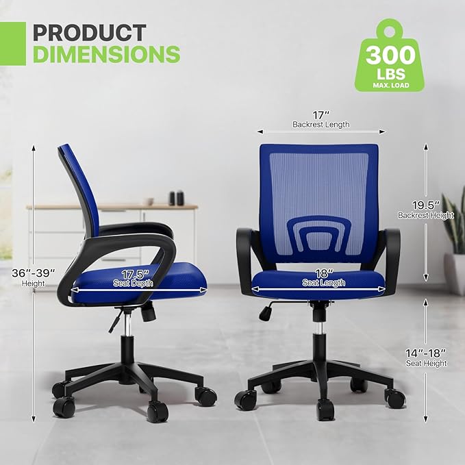Magshion Office Chair, Ergonomic Mid-Back Mesh Desk Chair, Rolling Computer Chair with Lumbar Support & Comfy Armrests for for Gaming, Work, Study, 300 Lbs Capacity, Navy Blue