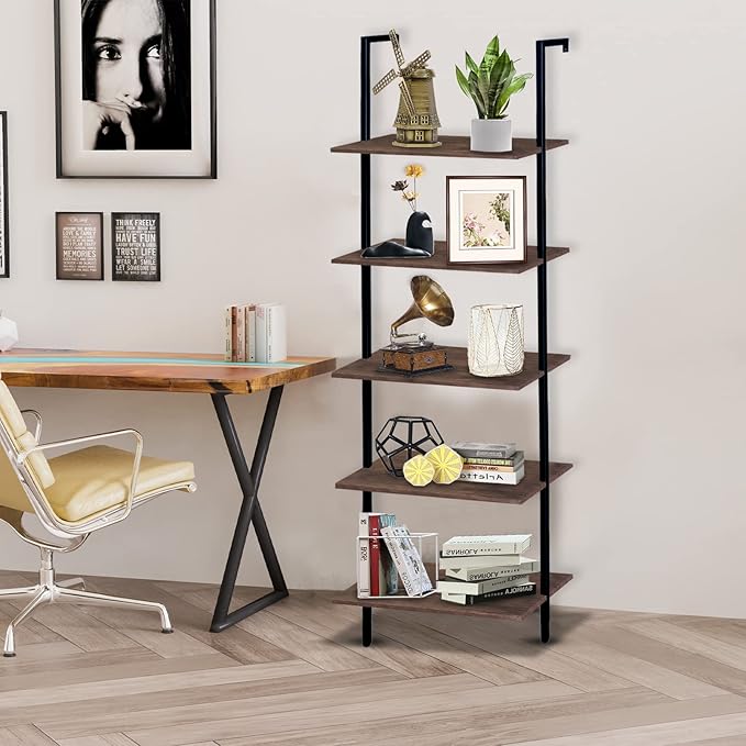 Wolawu 5 Tiers Ladder Shelf Brown Modern Bookshelf Open Tall Wall Mount Bookcase Standing Leaning Wall Shelves Industrial Decorative Living Room Bed Room