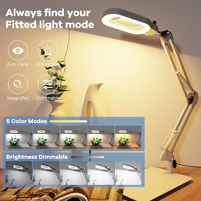 10X Rectangle Magnifying Glass with Light and Stand, Real Glass Lighted Magnifier Hands Free, Mechanical Knob 5 Color Modes Stepless Dimmable, 2-in-1 LED Desk Lamp with Clamp for Close Work - White