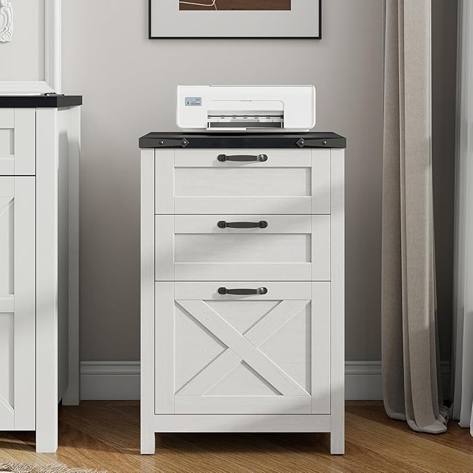 Vabches Vertical File Cabinet with 3 Drawers, Wooden Farmhouse Filing Cabinet for Letter/A4 Size Hanging Files, Under Desk Printer Stand with Storage for Home Office, White and Black
