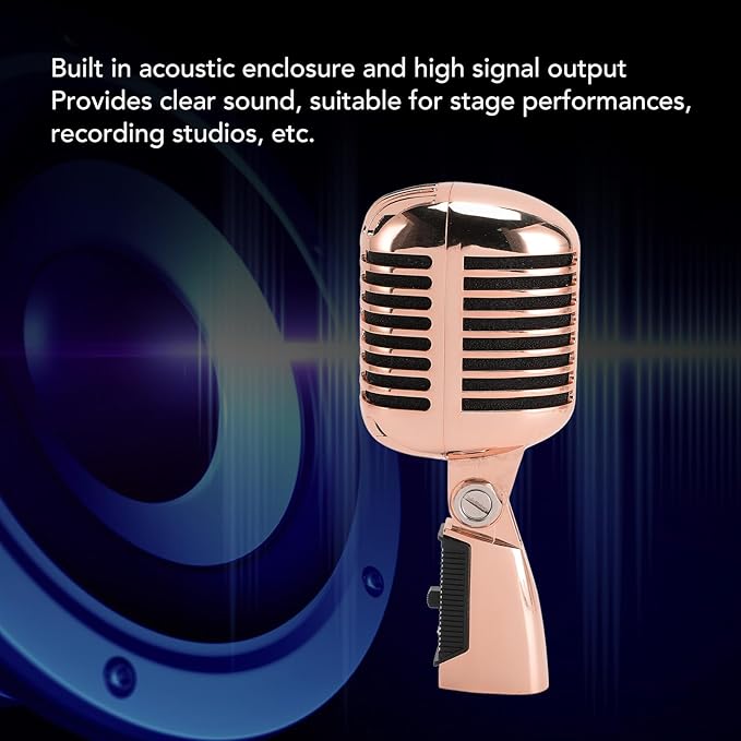 Classic Retro Microphone, Vintage Dynamic Microphone, Zinc Alloy Self Tensioning Rotating Rack, Unidirectional Cardioid Mic, Universal Stand Compatible (Rose Gold)