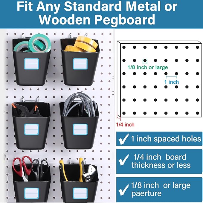 Namalu 12 Pack Peg Board Storage Bins with Labels and Hooks Square Box Shape Pegboard Cup Holder Accessories Pegboard Organizer for Craft Room Wall holder Workbench(4.7 x 4 x 5 Inch, Black)