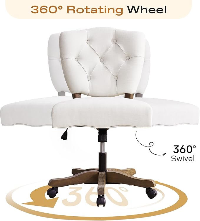 HUIMO Upholstered Swivel Desk Chair Chenille Tufted Fabric Home Office Chair with Wheels Adjustable Height Classic Task Chair with Wooden Legs Comfortable Armless Chair for Studio Study (Beige)