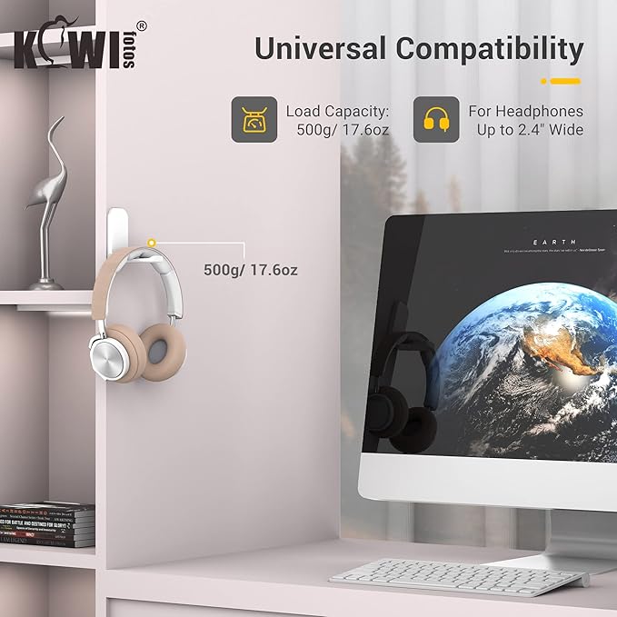 KIWIFOTOS 2 Pack Adhesive Desk Headphone Hanger, PC Gaming Headset Holder Stand, Adhesive Holder Mount for Wall, Foldable Headphones Hook Mount Under Desk - White,Two Pack