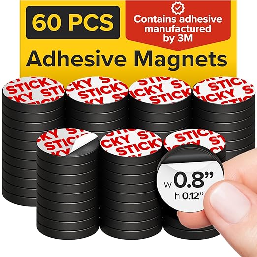 Peel-&-Stick Flexible Adhesive Magnets – 60 pcs (0.8"x0.12") Magnetic Dots for Office Supplies, Whiteboard, Crafts, Fridge, & School Projects