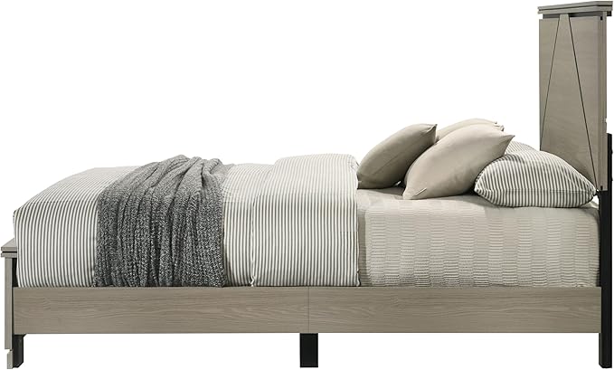 Joanna Weathered Gray Queen Bed w/LED Box Spring Required (4 Slats + 4 Support Leg), Bed Follow Us Standard: Mattress Size 80"L X 60"W (Q) Headboard With LED Light Bed Leg height: 33"H, Internal Siz