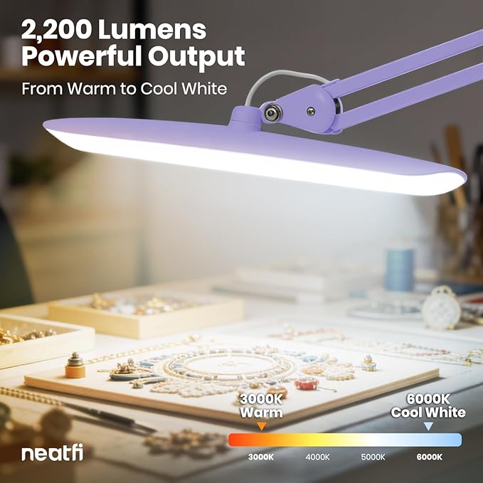 Neatfi XL 2200 Lumens 20W LED Desk Lamp with Clamp – Adjustable Color Temperature | 4-Level Dimmable Light | Home Office, Crafts & Workbench | 20-Inch Wide Head (Lavender, CCT with Clamp)