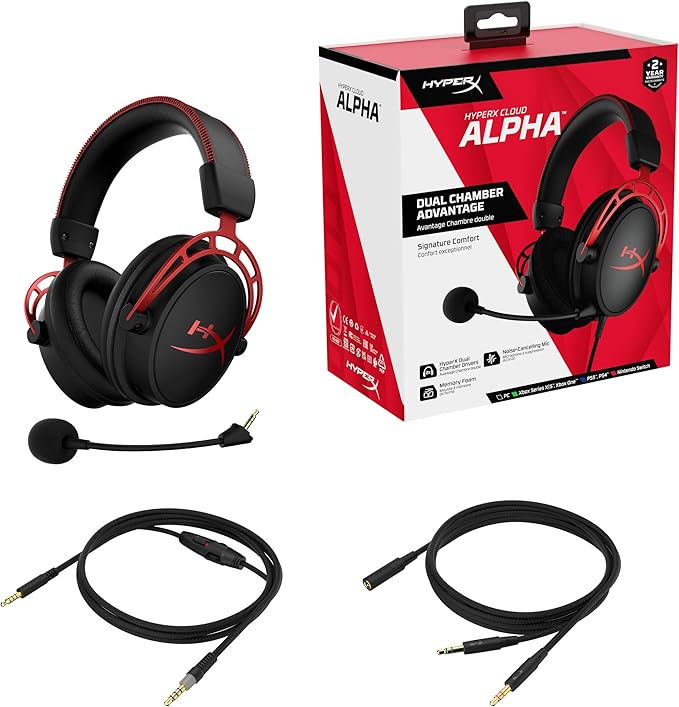 HyperX Cloud Alpha Gaming Headset Headphone Wired Detachable Noise Cancelling Microphone Dual Chamber Drivers Memory Foam Over-Ear Soft Leatherette for PC Xbox Nintendo Switch PS4 Black Red (Renewed)