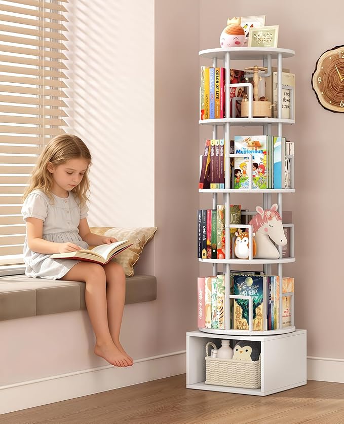 Kalrin 5 Tier Rotating Bookshelf with Extra Storage Cabinet, 360°Spinning Corner Bookshelf, Floor Standing Bookcase for Kids & Adult, Narrow Book Shelf for Bedroom Living Room, Pure White