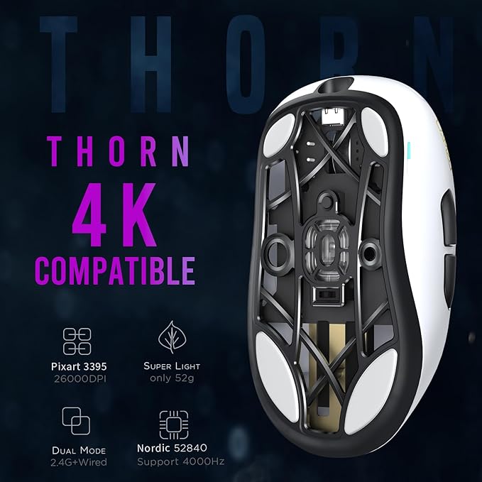 Lamzu Thorn Wireless Gaming Mouse, Ultra-Lightweight 52g, 26000DPI, Ergonomic, Optical Switch, Silver TTC Encoder, PAW3395 Sensor, MCU Nordic 52840-Polar White,4K Compatible