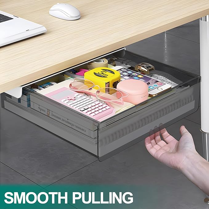 SVNNELP Large Under Desk Table Drawer Storage Organizer, Slide Out Drawer with 2 Desk Divider,Pencil Storage Self-Adhesive Tray Under Table (L/Clear Black+White)