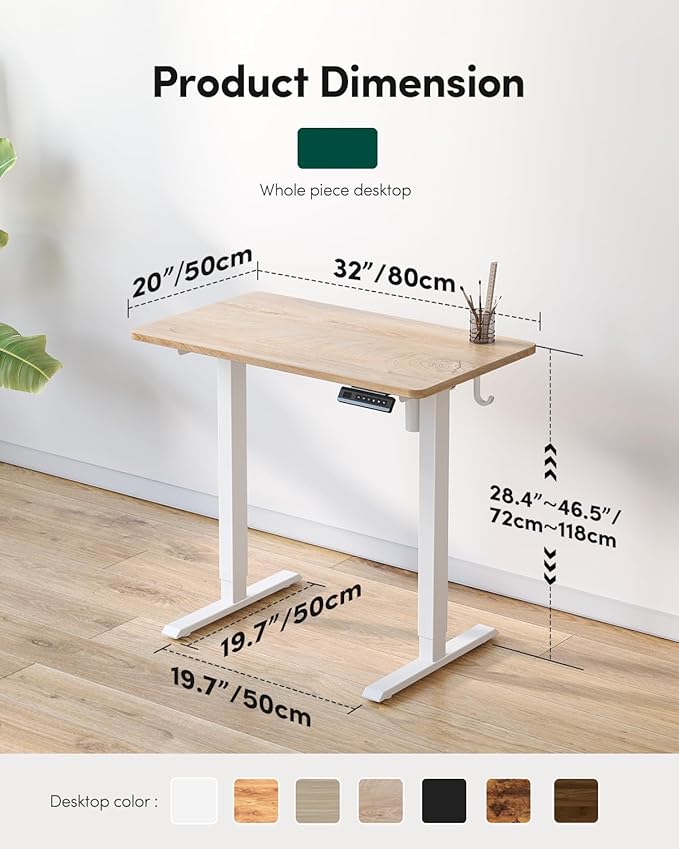 CubiCubi 32 x 20 Small One-Piece Standing Desk, Adjustable Height Electric Computer Sit Stand up Home Office Workstation, with 4 Memory Presets, Headphone Hook, Maple