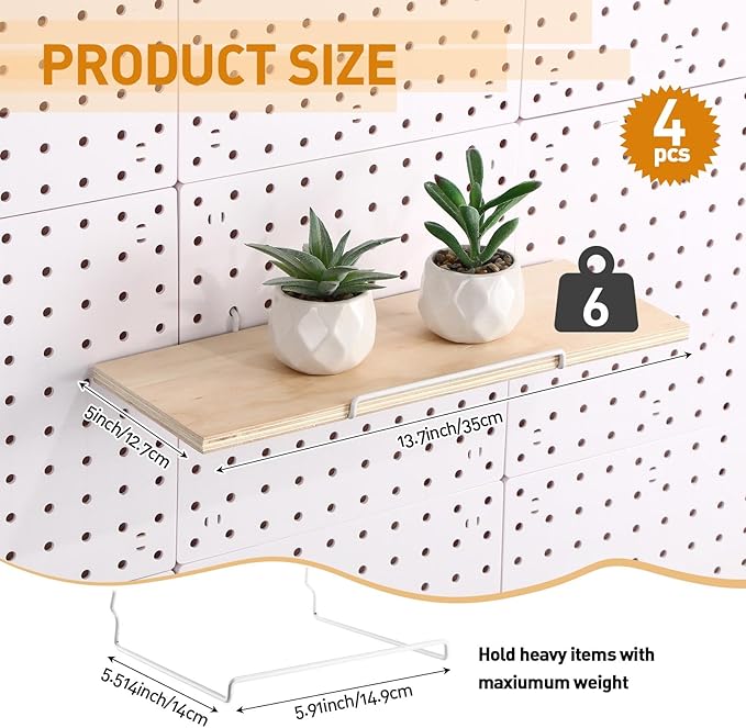 Wonderjune 4 Pcs Wooden Pegboard Shelves with Metal Pegboard Shelf Brackets Peg Board Display Storage Tray Wall Organizer Peg Board Accessories for Craft Room Home Kitchen (Brown,13.78 x 5 Inch)