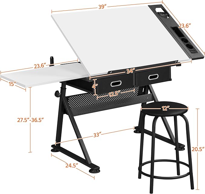 Topeakmart Drafting Table Art Craft Desk with Storage, Wooden Drawing Table with Adjustable Angle, Workstation for Reading&Writing, Foldable Artist Painting Table Crafts Desk with Extra Large Desktop