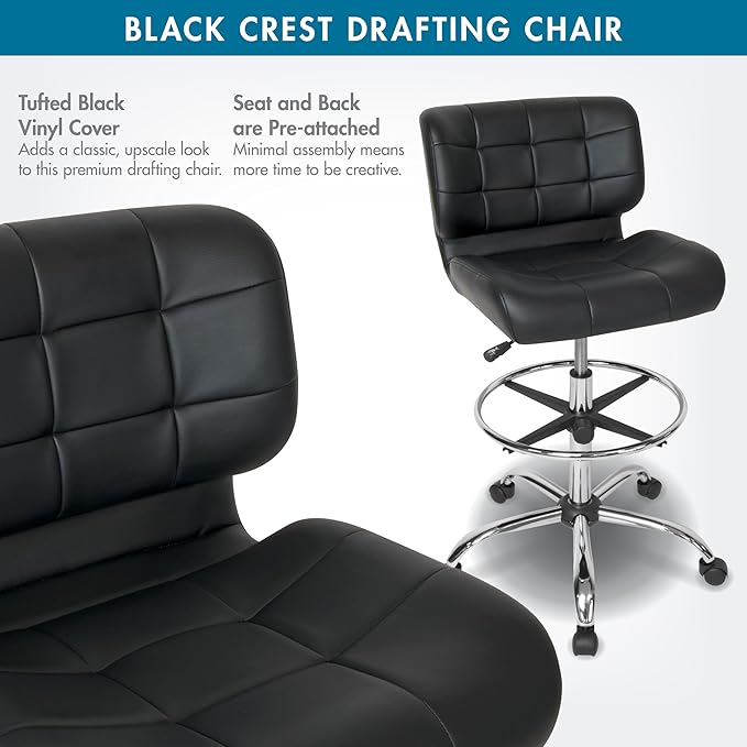 Studio Designs Black Crest Drafting Work Chair with Foot Rest - Adjustable Height - Contoured for Desk or Drafting Table