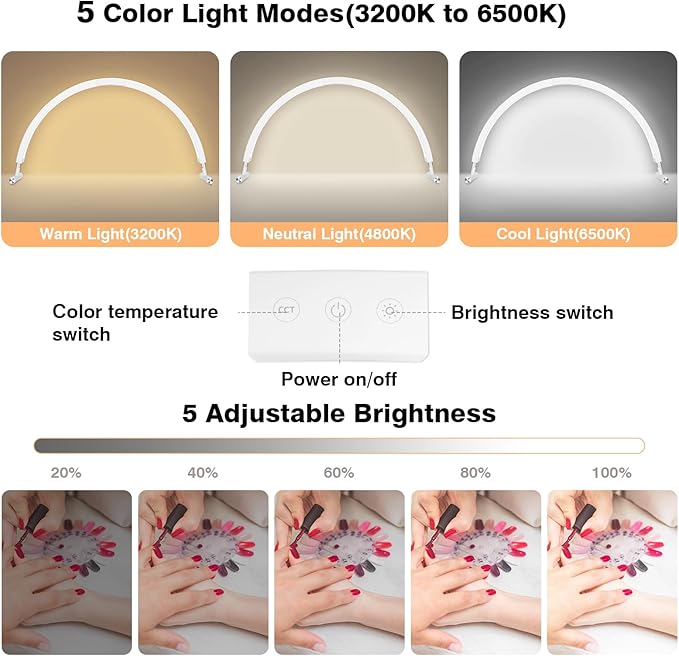 Mznoo Half Moon Light for Nail Desk, 30'' Large Half Moon Desk Lamp with Phone Holder, Professional Nail Tech Light with 3 Color Modes and 5 Brightness for Manicure Salon and Handicraft (White)