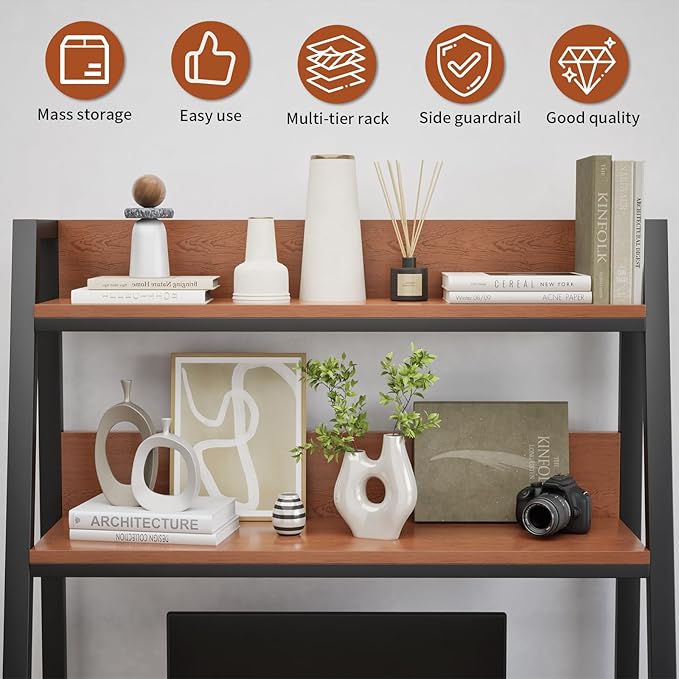 AQQHSAIN Desktop Hutch Shelf 2-Tier Ladder Bookshelf Computer Bookcase Wooden Desktop Display Rack Multipurpose Desk Hutch Top Only for Home Office Dorm Use (Brown, 75CM)