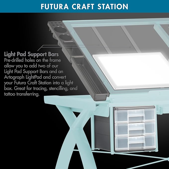 SD Studio Designs Futura Craft & Drawing Table with Adjustable Tempered Safety Glass Top – Modern Art Desk with Storage Drawers, Pencil Ledge, Glossy Sage/Clear Glass