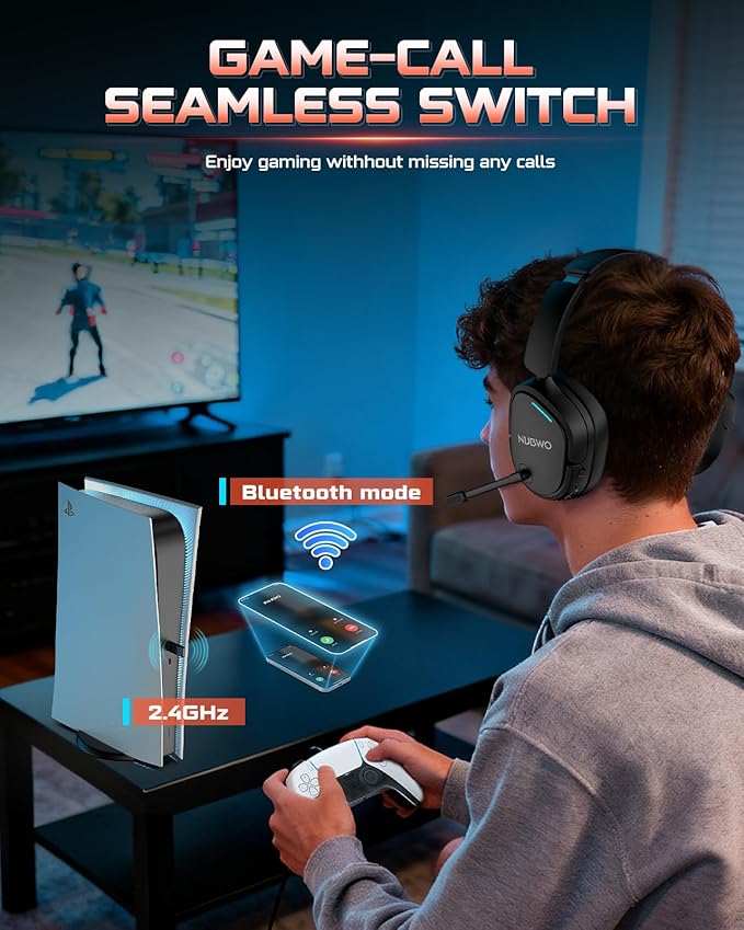 NUBWO Wireless Gaming Headset for PS5, PS4, PC, Laptop, Mac, 3 in 1 Gaming Headphones with 7.1 Surround Sound, Noise Canceling Mic, 20ms Low-Latency, 80Hr Battery, 2.4GHz/Bluetooth 5.4/3.5mm Wired